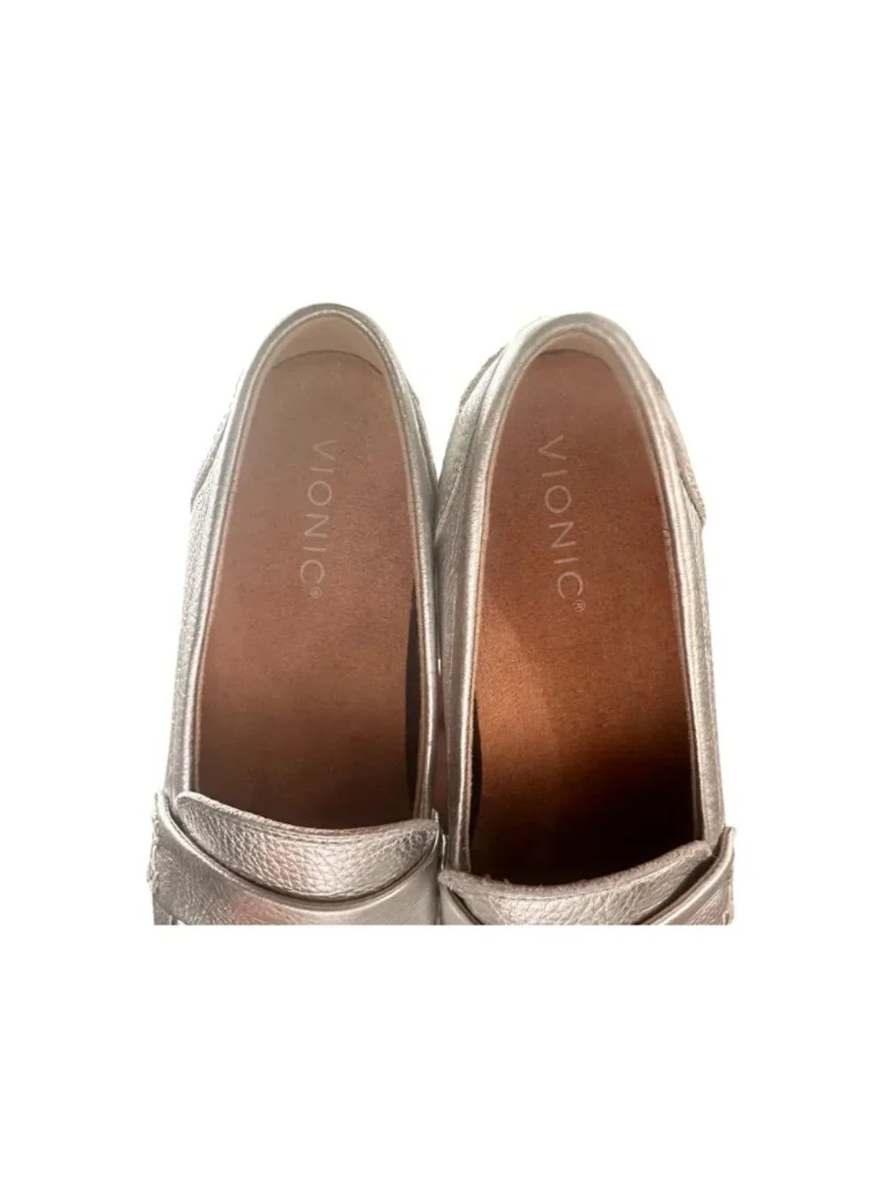 Vionic Cleo Loafers 8.5 Silver Metallic Orthotic Arch Support Leather Classic